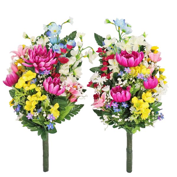 お墓用造花 デルフィニウムと菊の花束一対 シルクフラワー 造花 仏花 お仏壇用 CT触媒 お盆 お供...