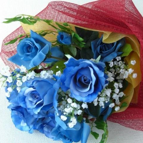 CT触媒 ミッシェルローズとかすみ草の幸せを招くサムシングブルーの花束 シルクフラワー 造花