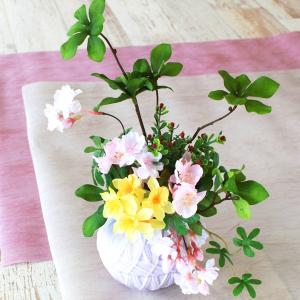 造花 デルフィニウムと桜の花束アレンジ 花器付き シルクフラワー CT