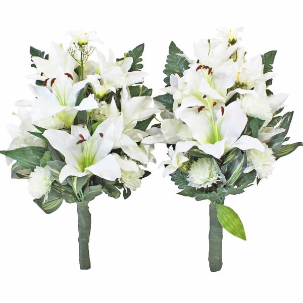 仏花 造花 清楚なホワイトのユリの花束 一対 お仏壇 お墓用 CT触媒 お盆 お供え btb