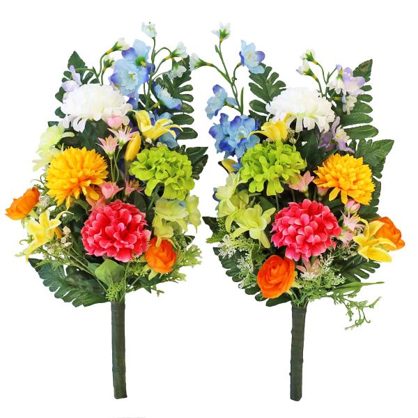 仏花 造花 カラフルダリアとオダマキの花束 一対 お仏壇 お墓用 CT触媒 お盆 お供え btb
