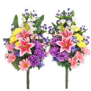 造花 仏花 2色のマムとユリの大きな花束一対 CT触媒 シルクフラワー お彼岸 お盆 お仏壇 仏花 お墓 花 お供え 屋外 屋内 兼用 btb