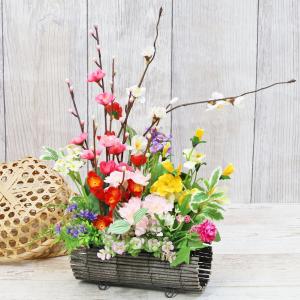 造花 デルフィニウムと桜の花束アレンジ 花器付き シルクフラワー CT
