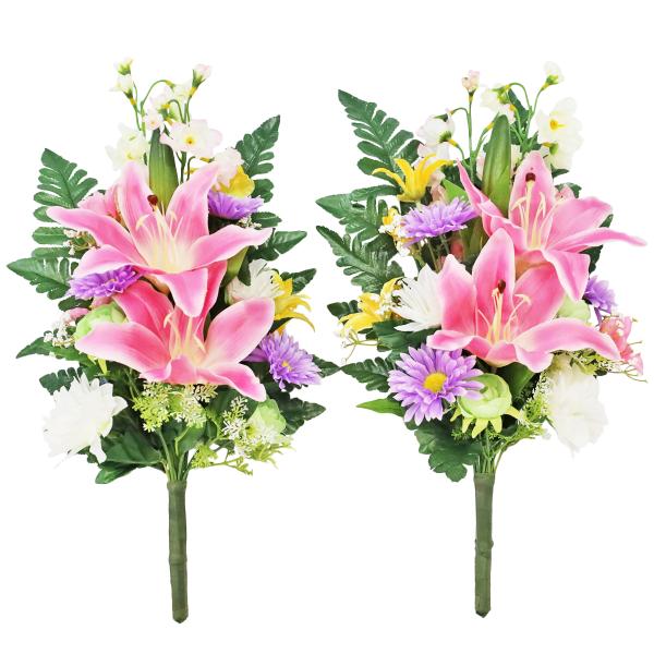 造花 仏花 ピンクのユリとデルフィニウムのパステルカラーの花束一対 CT触媒 シルクフラワー お彼岸...