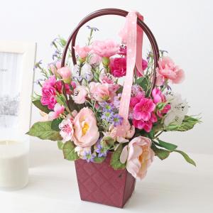 母の日 ギフト 造花 カーネーション ソフトピンクのローズの手付きバッグ型アレンジ 花 CT触媒 シルクフラワー 2026 早割 爆買