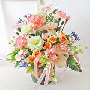 ギフト 造花 カーネーション ミントグリーンのカーネーションとポピーのポットアレンジ 花 CT触媒 シルクフラワー
