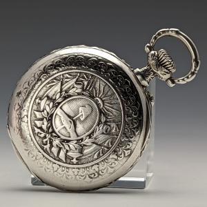 アンティーク スイス製 懐中時計 彫刻銀側オープンフェース 紙文字盤