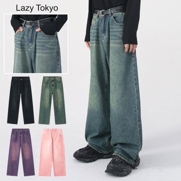 デニムパンツ メンズ 太め ワイド バギー ストレート ジーンズ ジーパン 大きい 黒 Lazy T...