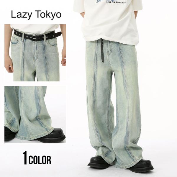 デニムパンツ メンズ ブランド ジーパン ワイド バギー ブリーチ センター プリーツ S M L ...