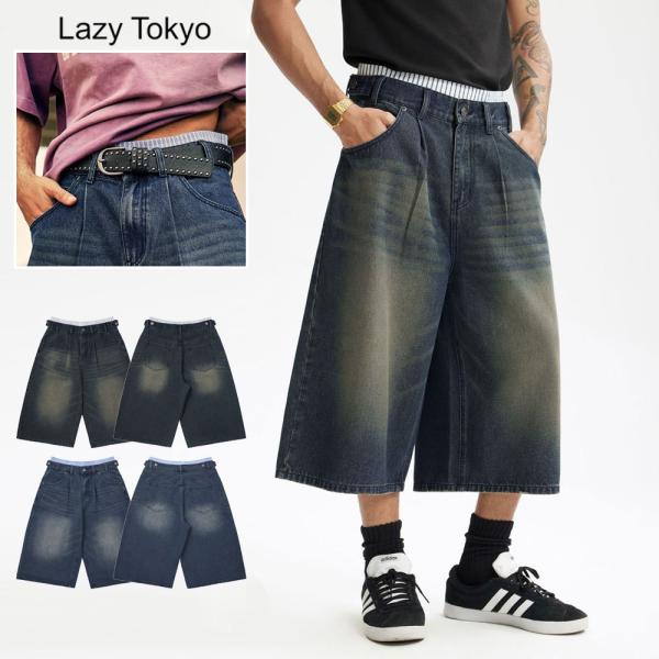 デニムパンツ メンズ ワイド バギー クロップド 7分丈 ハーフ ジーンズ ジーパン ダブルウエスト...