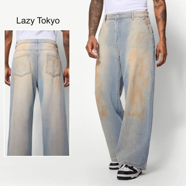 デニムパンツ メンズ バギー ワイドパンツ ブリーチ オーバーダイ ハンドペイント ヨゴシ ヴィンテ...