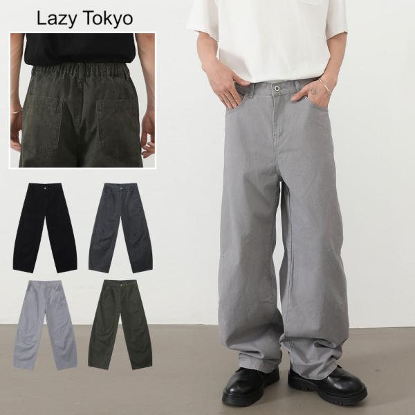 ワイドパンツ メンズ カーブ バレル バギー コットン バックゴム ダーツ加工 洗い加工 ヴィンテー...