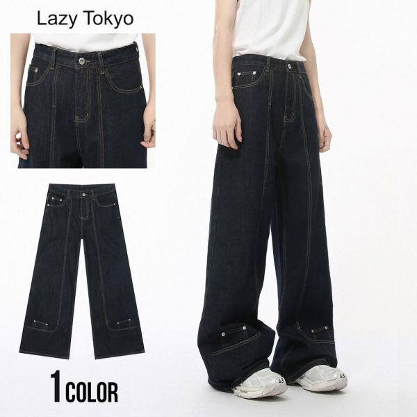 ワイドパンツ メンズ ワイドデニム バギー ジーンズ ワンウォッシュ センターライン 体型カバー ゆ...