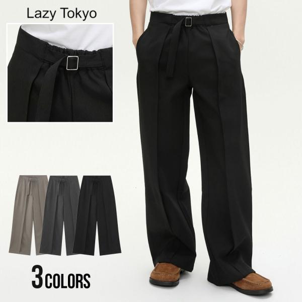 スラックス メンズ レディース セミワイドパンツ センタープレス タックベルト付き ストレート ゆっ...