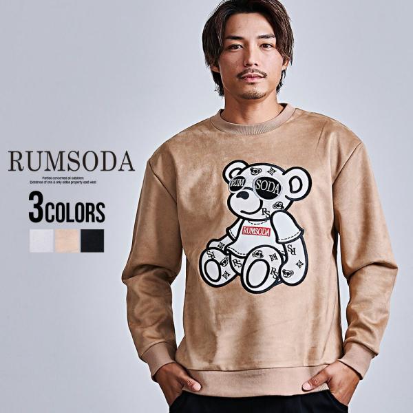 トレーナー メンズ プルオーバー スウェット フェイクスウェード アップリケ刺繍 スウェード調 裏パ...