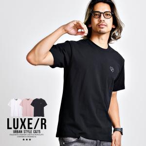 Tシャツ メンズ 半袖 綿100% ブランド スポーツ ワンポイント ハート ラインストーン ストレッチ 細身 白 黒 ピンク LUXE/R