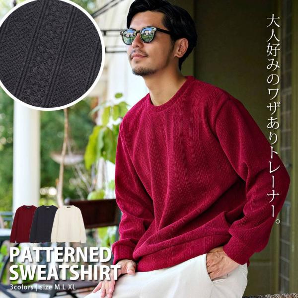 トレーナー メンズ 暖かい 長袖 ニット スウェット ジャガード 柄 クルーネック 無地 細身 ゆっ...