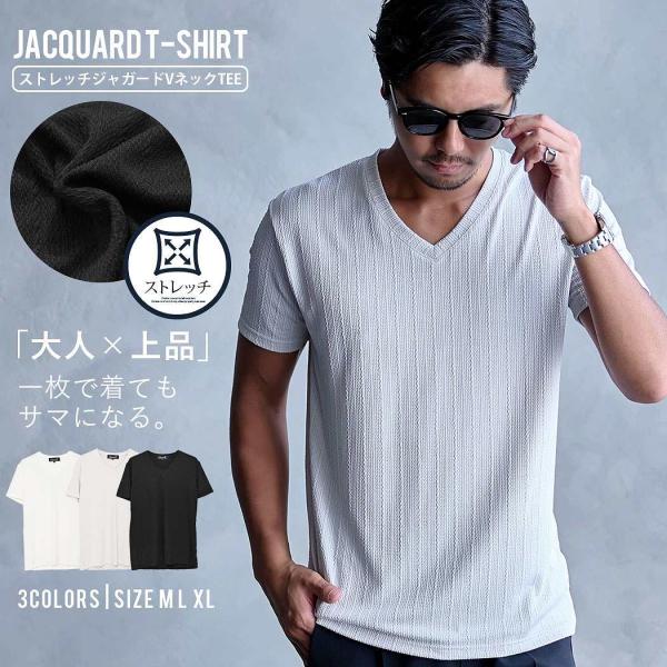 Tシャツ メンズ 半袖 Vネック 無地 ジャガード ストライプ ストレッチ 細身 ピタT インナー ...