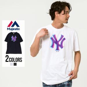 半袖Tシャツ メンズ クルーネック Majestic マジェスティック NYK Anaglyph Logo S/S Tee/全2色 ヤンキース ブラック ホワイト M L XL 春 夏｜silverbulletxfuga