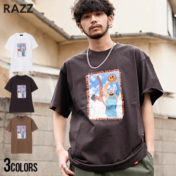 Tシャツ メンズ 半袖 クルーネック RAZZIS ラズ おしゃれ スマイル プリント ストリート ...