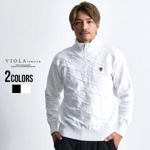ニット メンズ セーター ハーフジップ 総柄 ロゴ ゴルフウェア 暖かい 白 黒 VIOLA ヴィオラ 40代 50代 秋 冬 ちょいワルファッション50 爆買