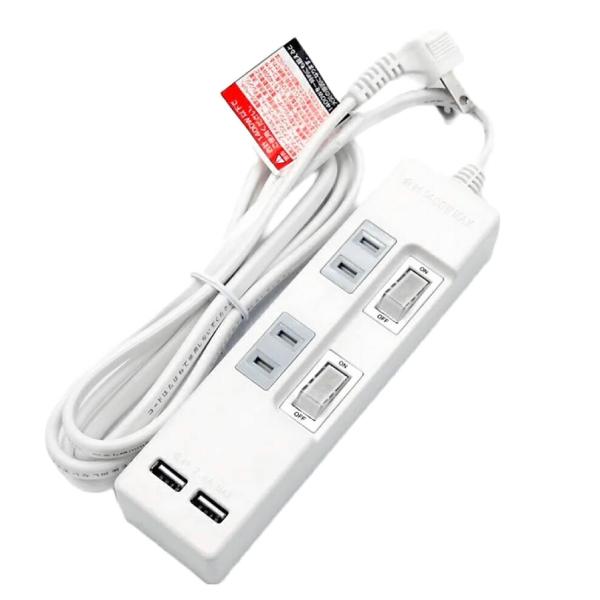 TR-S2TS2USBW 延長コード AC 2個口 2.4A USB-A 2ポート 個別スイッチ付き...