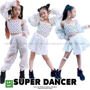 キッズ ダンス衣装 セットアップ ガールズ ヒップホップ かっこいい 派手 キッズダンス衣装 シースルー へそ出し トップス スカート パンツ 韓国 K-POP 白｜sims-mart
