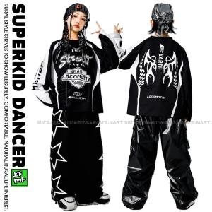 ヒップホップ 衣装 黒 キッズダンス衣装 セットアップ 韓国 子供ダンス服 派手 K-POP hiphop 男の子 ガールズ ダンス衣装 キッズ レーサー風 トップス パンツ