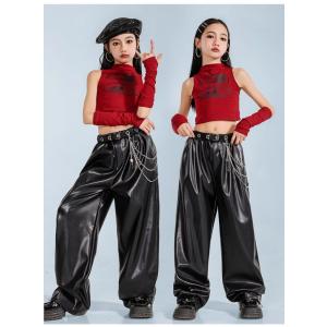ダンス衣装 ガールズ 衣装 赤 黒 レザー 革...の詳細画像1