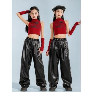 ダンス衣装 ガールズ 衣装 赤 黒 レザー 革...の詳細画像3