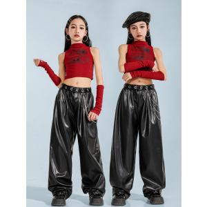 ダンス衣装 ガールズ 衣装 赤 黒 レザー 革...の詳細画像4