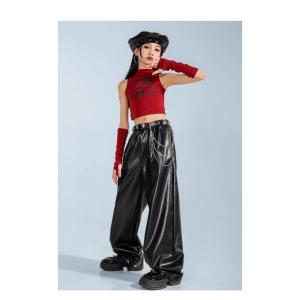 ダンス衣装 ガールズ 衣装 赤 黒 レザー 革...の詳細画像5