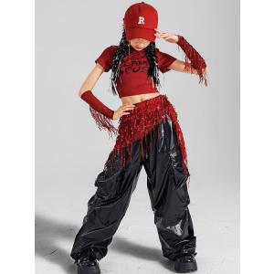 ダンス衣装 キッズ セットアップ 赤 黒 チア...の詳細画像3