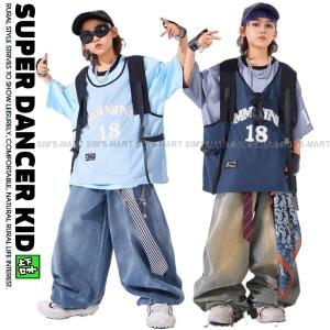 キッズダンス衣装 セットアップ ヒップホップ ファッション ダンス衣装 キッズ 派手 男の子 ガールズ バスケ Tシャツ デニムパンツ K-POP 韓国 ネイビー 水色
