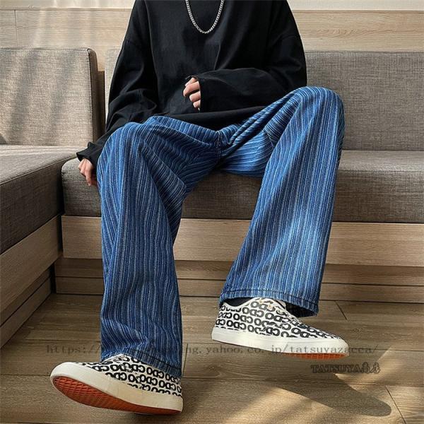 ペアルック ボトムス デニムパンツ ストライプ ワイドパンツ ストレート ロングパンツ ゆったり デ...