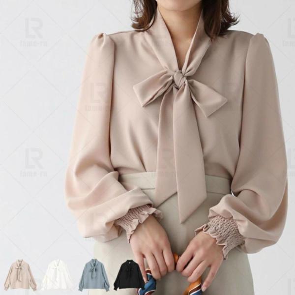 ブラウス リボン リボンタイ バルーン袖 バルーンスリーブ シャツ 2way オフィスカジュアル 通...