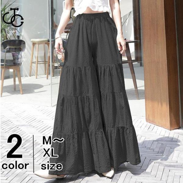 ワイドパンツ レディース ガウチョパンツ ティアード フルレングス ロング丈 無地 ボトムス ウエス...