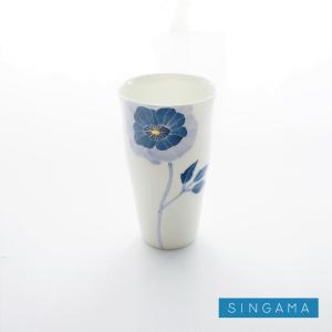 グラス　おしゃれな花柄　眞窯ブランドの藍色　陶磁器製：ロンググラスL　アネモネ