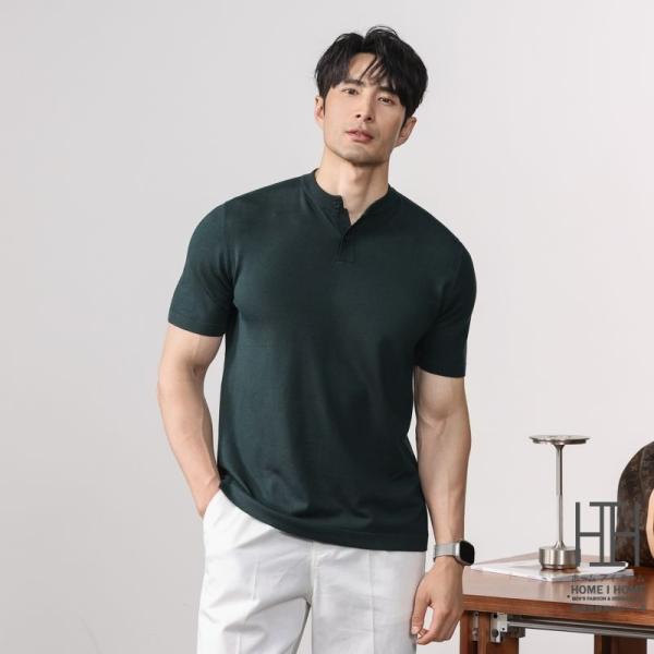ヘンリーネックtシャツ Tシャツ メンズ 半袖 無地 サマーニット ストレッチ ニットソー 涼しい ...