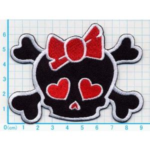 アイロンワッペン/刺繍/アップリケ/ラブリースカル黒ピンク/ガイコツ