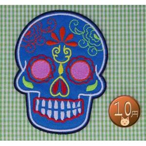 送料63円/サイケアートスカルB青/アイロンワッペン/刺繍/アップリケ/ガイコツ/ドクロ/死者の日Day of the Dead｜siripohn