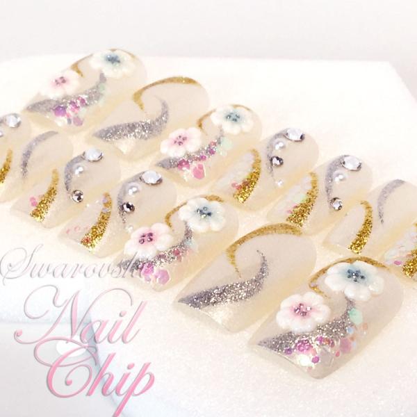 ネイルチップ ブライダル オーダーメイド  ショート ロング 白雪花きらら