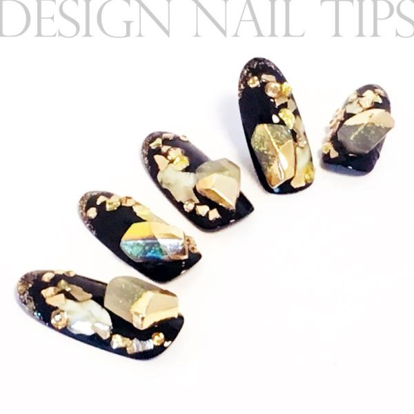 デザイン ネイルチップ【スタイリッシュブラックストーン】黒色/ゴールド　オリジナル オーダーメイド ...