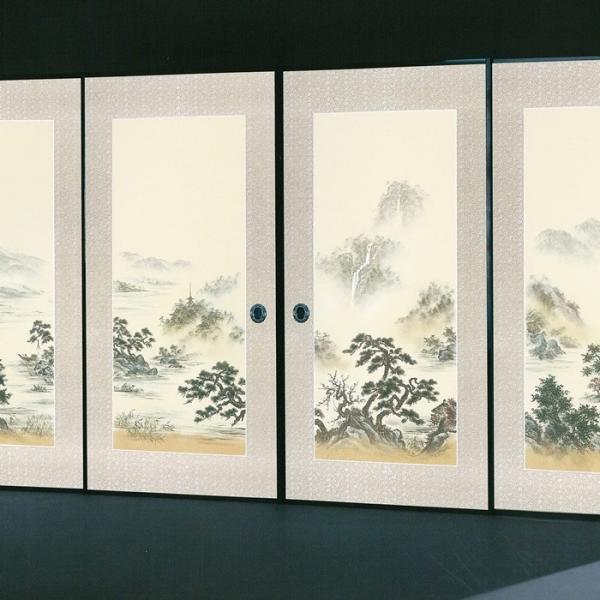 高級織物襖紙　伝統手加工襖絵　Ｎｏ．１６０　４枚組　（襖/ふすま/ふすま紙/山水画/張替)