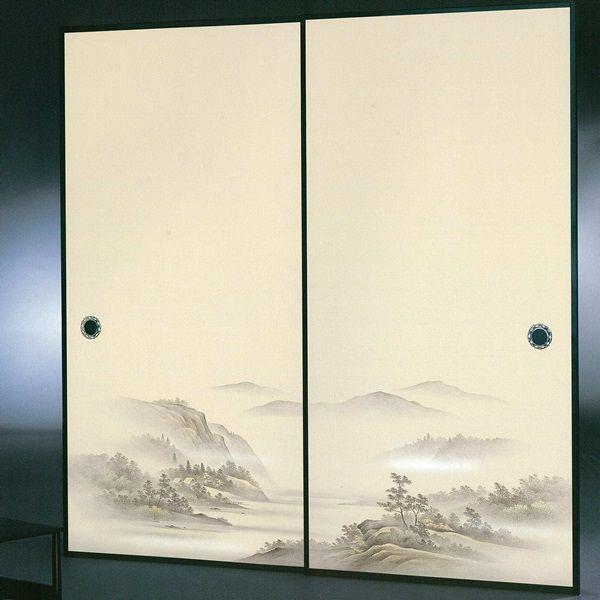 高級織物襖紙　伝統手加工襖絵　Ｎｏ．１６３　２枚組　（襖紙/ふすま紙/山水画/張替)
