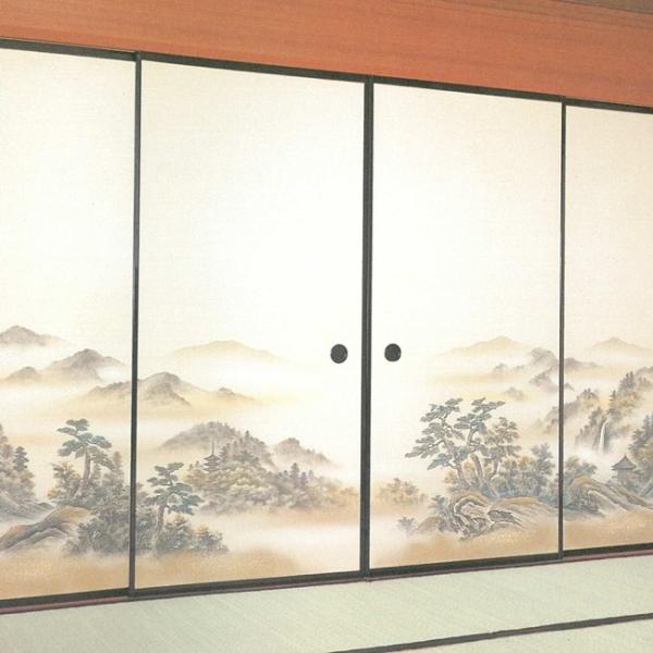 高級織物襖紙　山水画　４枚組　Ｎｏ．８２　（襖/襖紙/ふすま/ふすま紙/糸入り/織物/押入れ/張替)