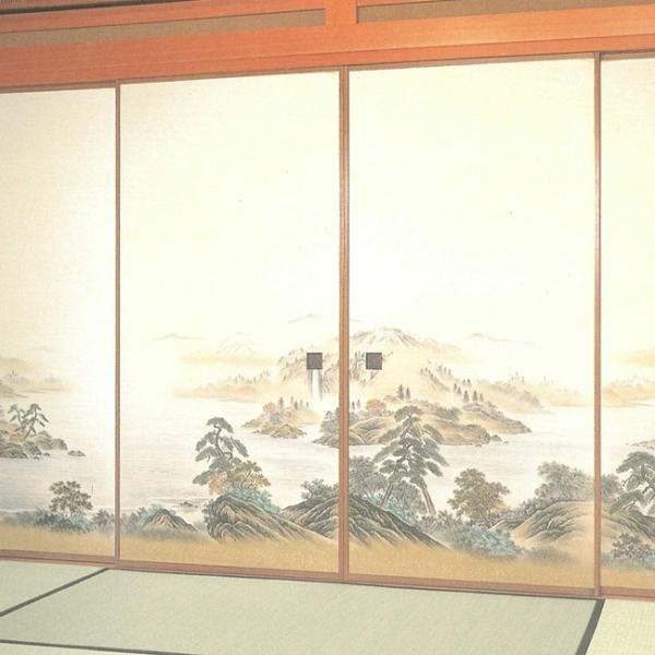 高級織物襖紙　山水画　４枚組　Ｎｏ．８５　（襖/襖紙/ふすま/ふすま紙/糸入り/織物/押入れ/張替)