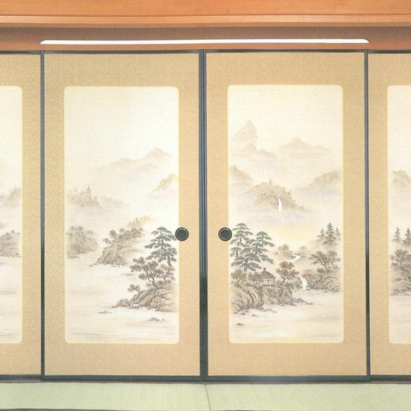 高級織物襖紙　縁取り山水画　４枚組　Ｎｏ．８７　（襖/襖紙/ふすま/ふすま紙/糸入り/織物/押入れ/...