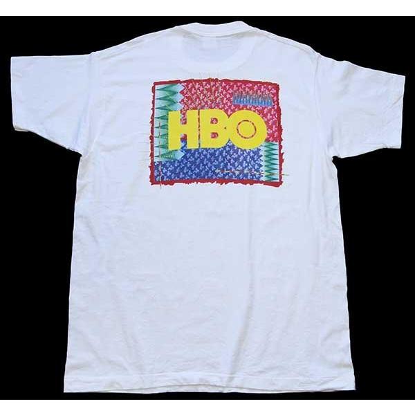 90s USA製 HBO ロゴ アート 両面プリント コットンTシャツ 白 XL★オールド ビンテー...