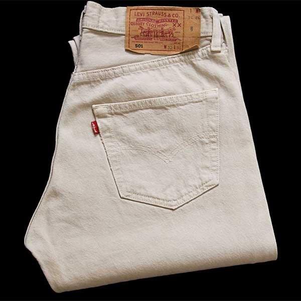 90s USA製 Levi&apos;sリーバイス 501 カラーデニムパンツ 後染め ベージュ w32★オー...